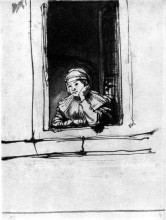 Репродукция картины "saskia looking out of a window" художника "рембрандт"