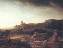Копия картины "river landscape with a windmill" художника "рембрандт"