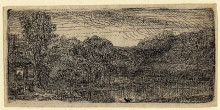 Картина "small gray landscape, a house and trees beside a pool" художника "рембрандт"
