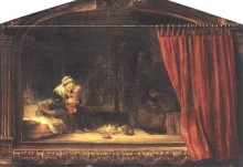 Репродукция картины "holy family with a curtain" художника "рембрандт"