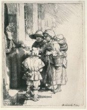 Репродукция картины "beggars on the doorstep of a house" художника "рембрандт"