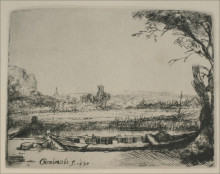Репродукция картины "landscape with a canal and large boat" художника "рембрандт"
