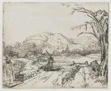 Репродукция картины "landscape with a shepherd and a dog" художника "рембрандт"