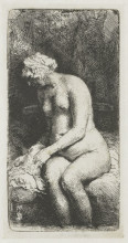 Репродукция картины "seated naked woman (woman bathing her feet at a brook)" художника "рембрандт"
