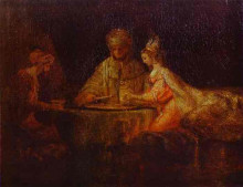 Копия картины "артаксеркс, аман и эсфирь" художника "рембрандт"