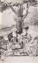 Картина "four orientals seated under a tree. ink on paper" художника "рембрандт"