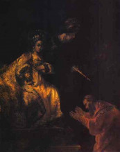 Репродукция картины "haman begging esther for mercy" художника "рембрандт"