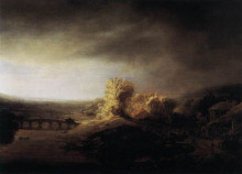 Репродукция картины "landscape with a long arched bridge" художника "рембрандт"