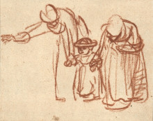 Картина "two women teaching a child to walk" художника "рембрандт"