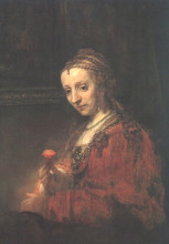 Репродукция картины "woman with a pink" художника "рембрандт"