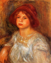 Репродукция картины "young girl wearing a red hat" художника "ренуар пьер огюст"