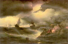 Картина "петр первый зажигает сигнальный огонь" художника "айвазовский иван"