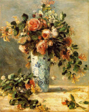 Репродукция картины "roses and jasmine in a delft vase" художника "ренуар пьер огюст"