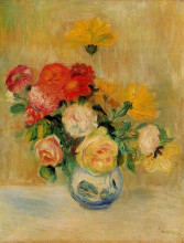 Репродукция картины "vase of roses and dahlias" художника "ренуар пьер огюст"