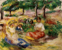 Репродукция картины "three young girls sitting in the grass" художника "ренуар пьер огюст"
