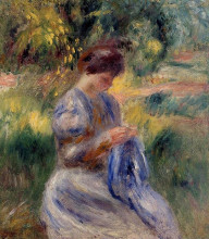 Репродукция картины "the embroiderer (woman embroidering in a garden)" художника "ренуар пьер огюст"