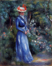 Репродукция картины "woman in a blue dress, standing in the garden of saint cloud" художника "ренуар пьер огюст"