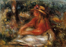 Репродукция картины "young woman seated on the grass" художника "ренуар пьер огюст"