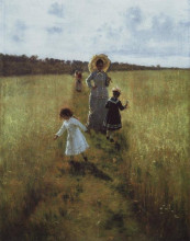 Репродукция картины "на меже. в.а.репина с детьми идет по меже" художника "репин илья"