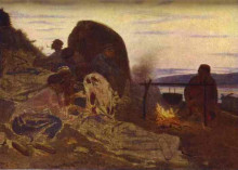 Репродукция картины "barge haulers by campfire" художника "репин илья"