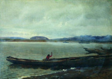 Репродукция картины "волжский пейзаж с лодками" художника "репин илья"