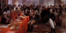 Репродукция картины "а.с.пушкин на акте в лицее 8 января 1815 года читает свою поэму воспоминания в царском селе" художника "репин илья"