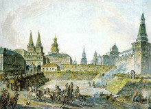 Репродукция картины "view of voskresenskiye (resurrection) gates of kitay gorod, nikolskye gate of kremlin and neglinny bridge." художника "алексеев фёдор"