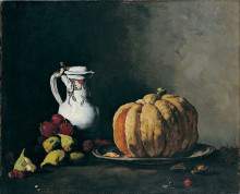 Репродукция картины "still life with pumpkin, plums, cherries, figs and jug" художника "рибо теодюль"