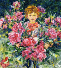 Репродукция картины "boy with red peonies" художника "рид роберт льюис"