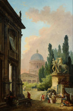 Репродукция картины "imaginary view of rome with the horse-tamer of the monte cavallo and a church" художника "робер юбер"