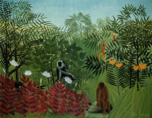 Картина "tropical forest with apes and snake" художника "руссо анри"