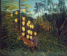 Репродукция картины "нападение тигра на быка. в тропическом лесу" художника "руссо анри"
