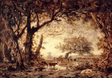 Репродукция картины "edge of the forest at fontainebleau, setting sun" художника "руссо теодор"