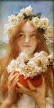 Репродукция картины "летнее предложение (девушка с розами)" художника "альма-тадема лоуренс"
