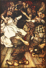 Картина "the dwarfs, when they came in the evening, found snowdrop lying on the ground" художника "рэкем артур"