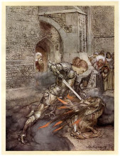 Репродукция картины "lancelot fights against a dragon at the castle of corbin" художника "рэкем артур"