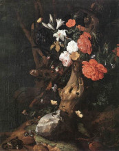 Картина "flowers around a tree trunk, with insects and other animals near a pond" художника "рюйш рашель"