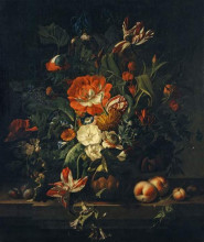 Картина "flowers in a terracotta vase with fruit on a stone balustrade" художника "рюйш рашель"