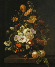 Репродукция картины "flowers in a glass vase, with insects and peaches, on a marble tabletop" художника "рюйш рашель"