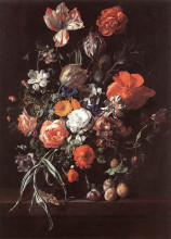 Копия картины "roses, tulips, ranunculus and other flowers in a glass vase, with plums" художника "рюйш рашель"