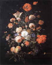 Репродукция картины "flowers in a glass vase, with peaches and red berries, on a marble slab" художника "рюйш рашель"