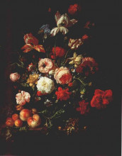 Репродукция картины "flowers in a glass vase, with fruit on a marble slab" художника "рюйш рашель"