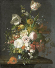 Картина "tulips and other flowers in a glass vase" художника "рюйш рашель"