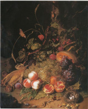 Картина "still life with fruit a nest and a lizard" художника "рюйш рашель"