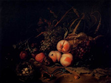Репродукция картины "still life of fruits, animals and insects on a moss floor" художника "рюйш рашель"