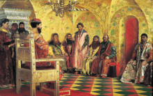 Картина "tzar mikhail fedorovich holding council with the boyars in his royal chamber" художника "рябушкин андрей"