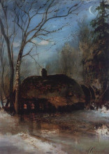 Репродукция картины "весенний пейзаж с избой" художника "саврасов алексей"