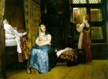 Репродукция картины "родильная комната, семнадцатый век" художника "альма-тадема лоуренс"