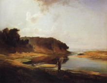 Репродукция картины "пейзаж с рекой и рыбаком" художника "саврасов алексей"