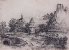 Копия картины "пейзаж с церковью и руинами" художника "саврасов алексей"